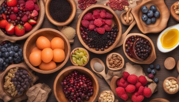 Foto gezondheid en supervoedsel om het immuunsysteem te versterken in houten schalen rijk aan antioxidanten anthocyaninen