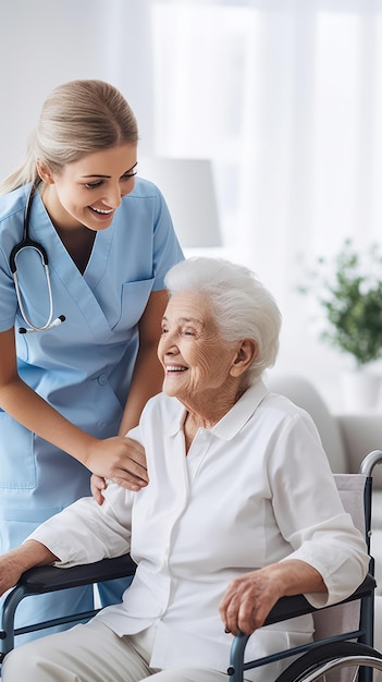 Gezondheidsbezoeker omarmt en ondersteunt een oudere patiënte jonge vrouw met een stethoscoop thuis