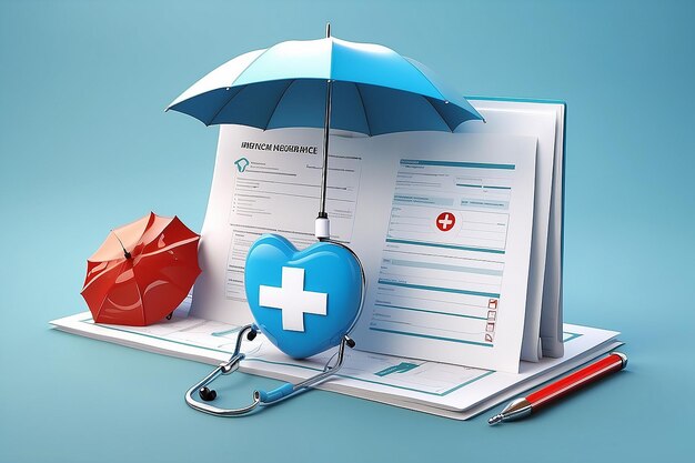 Foto gezondheidsverzekering 3d concept medisch document met checklist onder de paraplu