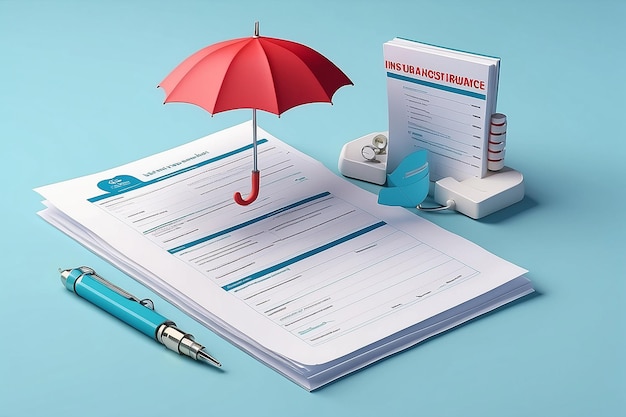 Foto gezondheidsverzekering 3d concept medisch document met checklist onder de paraplu