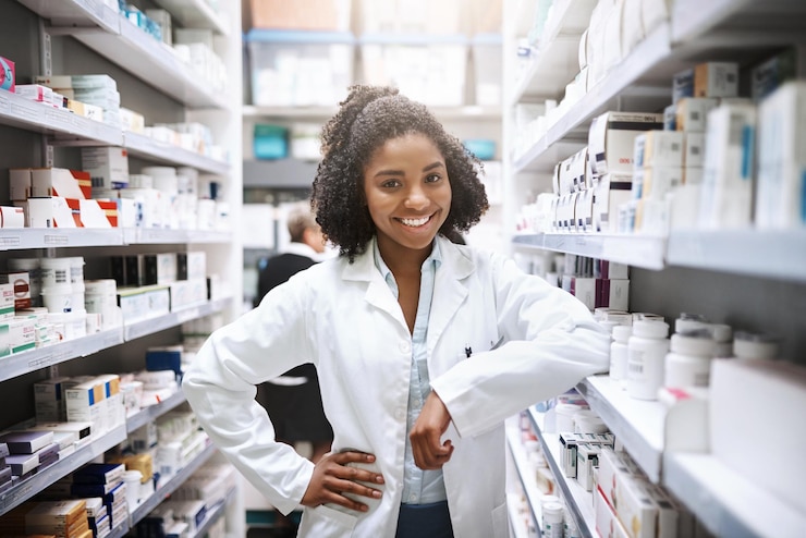 Foto gezondheidszorg apotheker en zwarte vrouw in de winkel portret en inventaris van plank met medicijnen voor tekort apotheek trots en persoon in jas glimlach en gelukkig met eed om levens te redden in de winkel