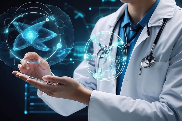 Gezondheidszorg en geneeskunde Dokter en stethoscoop aanrakende icoon DNA en digitale gezondheidszorg en medische diagnose van patiënt met netwerkverbinding op moderne hologram-interface Medische technologie