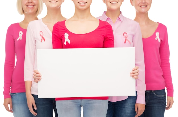 Gezondheidszorg, mensen en geneeskunde concept - close-up van lachende vrouwen in shirts met roze borstkanker bewustzijn linten en leeg wit bord op witte achtergrond