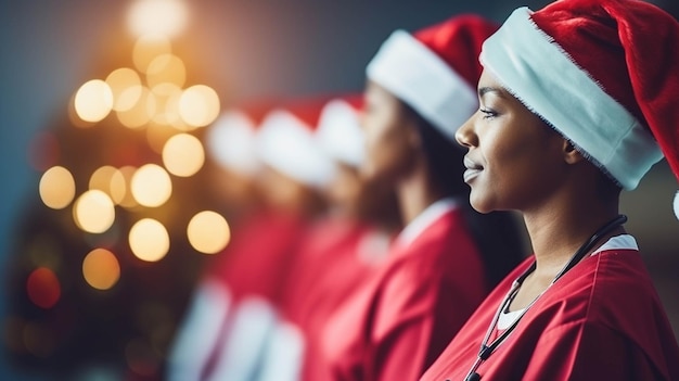 Foto gezondheidszorg verpleegsters in santa hat staan in een rij op kerst achtergrond