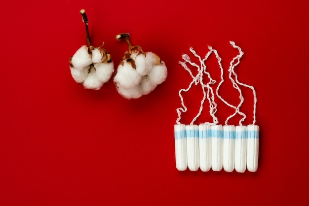 Gezondheidszorg voor vrouwen, katoenen tampon, intieme hygiëne, gynaecologische menstruatiecyclus.