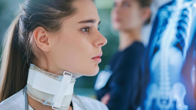 Gezondheidszorgondersteuning gewonde vrouwelijke patiënt medische professionele hulp röntgenanalyse