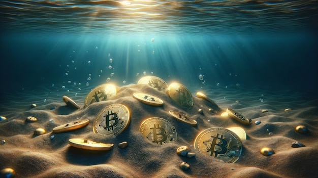 Gezonken Bitcoins liggen op de donkere oceaanbodem.