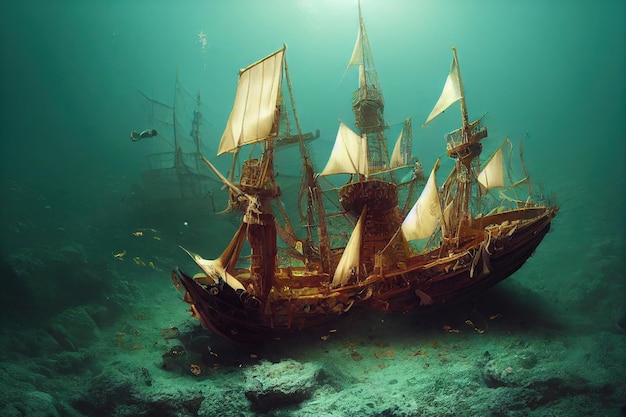 Gezonken piratenschip onder water op diepten van het zeegezicht