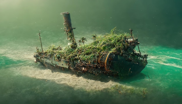 Gezonken schip liggend op de zandbodem van de oceaan bedekt met groene algen