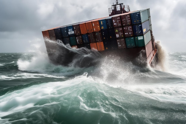 Gezonken vrachtschip met containers in stormachtige zee met grote golven Generatieve AI