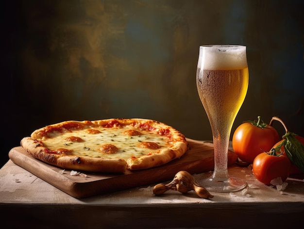 Gezwollen pizza en een glas koud bier