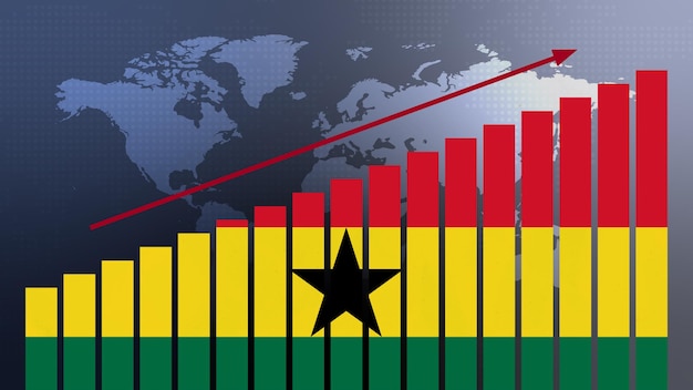 Foto bandiera del ghana sul concetto di grafico a barre con valori crescenti ripresa economica e miglioramento degli affari dopo la crisi e altre catastrofi con la riapertura dell'economia e delle imprese