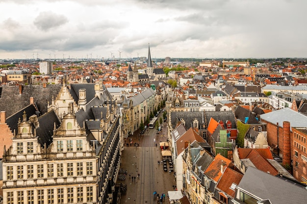 Ghent city historical center panorama view from Belfort Gent bell tower Flemish Region Belgium