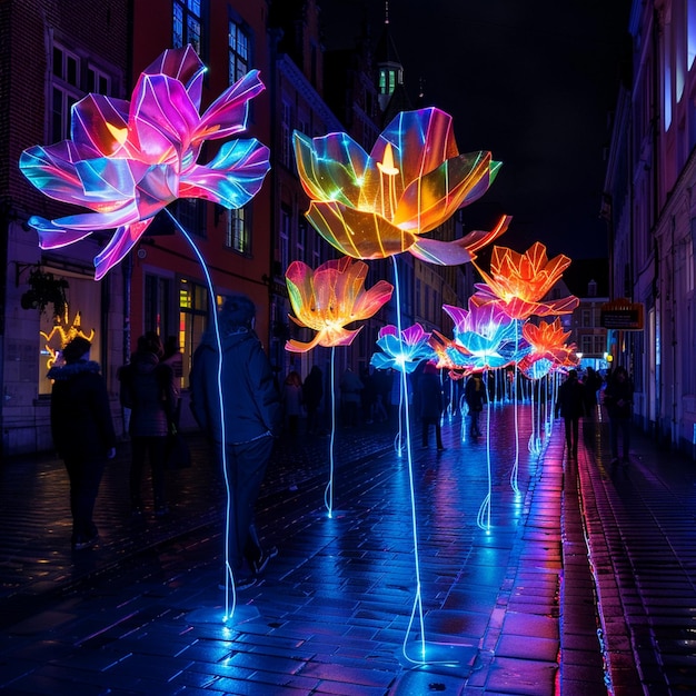 Ghent Light Festival Illuminated Art Installation and People on Street