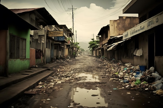 Ghetto city back alley with dirt rubbish and poor residental houses Neural network generated art