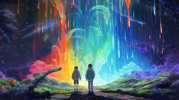 Photo ghibli style 2 boys walking to meet a rainbow phoenix ai generative