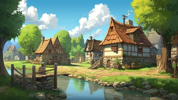 Ghibli style game background art village with unique style houses Peaceful and cute village