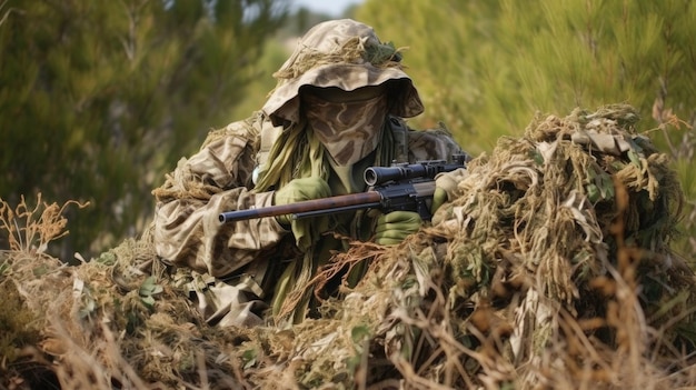Ghillie Suit Sniper Camouflage는 완벽한 스텔스로 환경에 혼합됩니다.