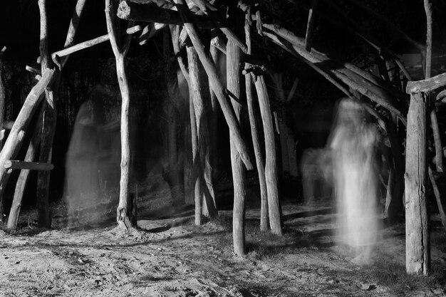 Foto fantasma in mezzo a strutture in legno di notte