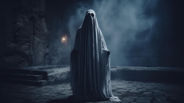 Ghost on a background of abandoned castle halloween celebration