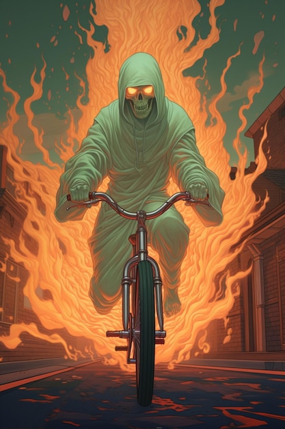 a ghost on a bike rides past flames