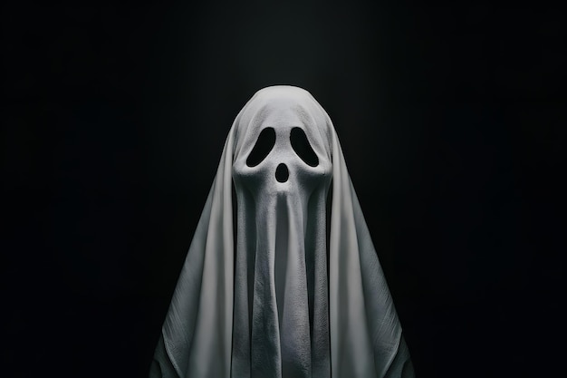 Foto fantasma coperto da un panno bianco avvolto nell'oscurità simbolismo ambiguo