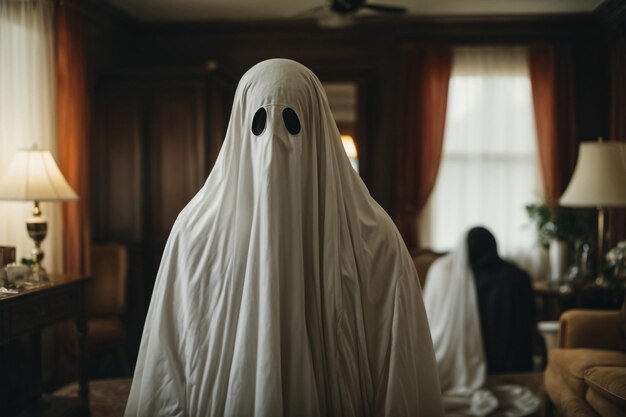 Ghost covered with a white ghost sheet in abandoned house Halloween Concept Black and white photo