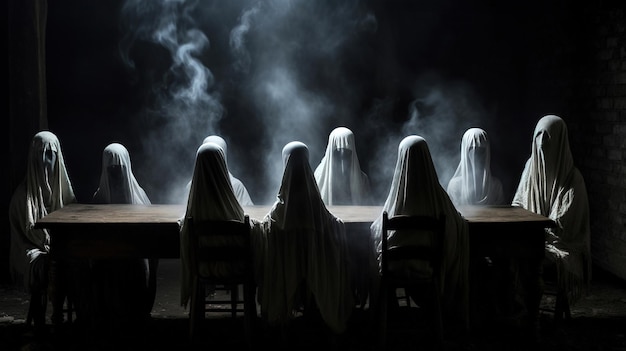 ghost gathering enigmatic of figures draped in white sheets engaged in a candlelit banquet