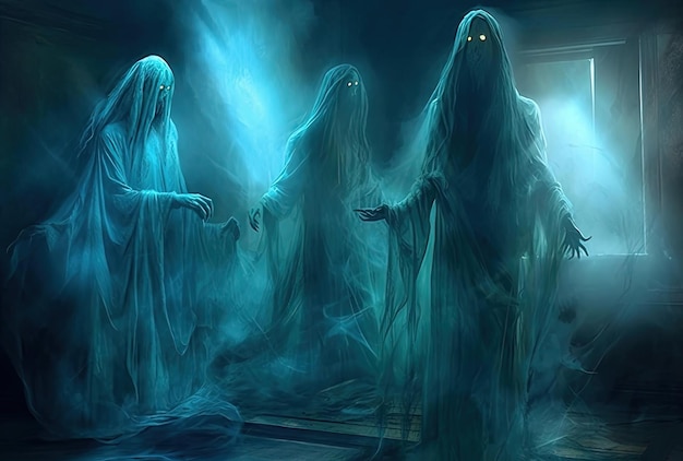 Ghost ghosts in the fog fantasy horror haunted house | Premium AI 