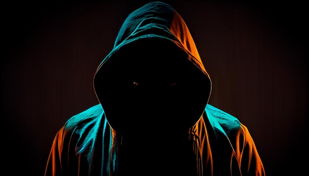 Ghost hacker criminal scary hood anonymous creepy devil danger silhouette shadow black face fear horror night character symbol identity hooligan unknow happy halloween cyber copy space Generative AI