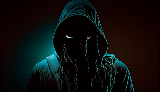 Призрачный хакер преступник страшный капюшон анонимный жуткий дьявол опасность силуэт тень черное лицо страх ужас ночь персонаж символ личность хулиган неизвестный счастливый хэллоуин кибер копия пространство Генеративный ИИ