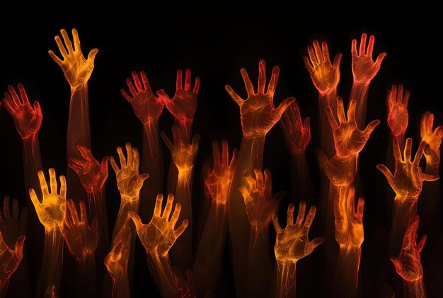 Photo ghost hands in the air in the style of light red and yellow