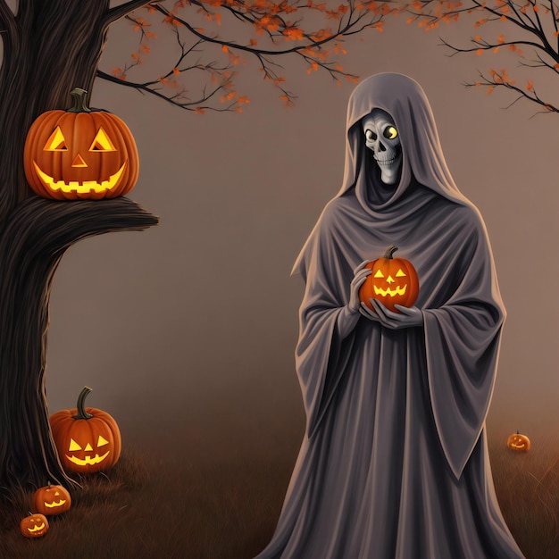 Ghost holding a jack o lantern in a spooky tree Halloween design