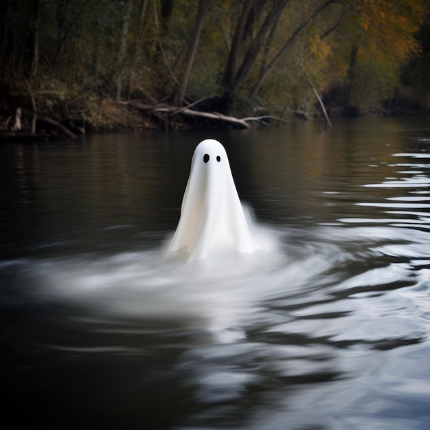 Призрак плавает в воде, и вода белая.