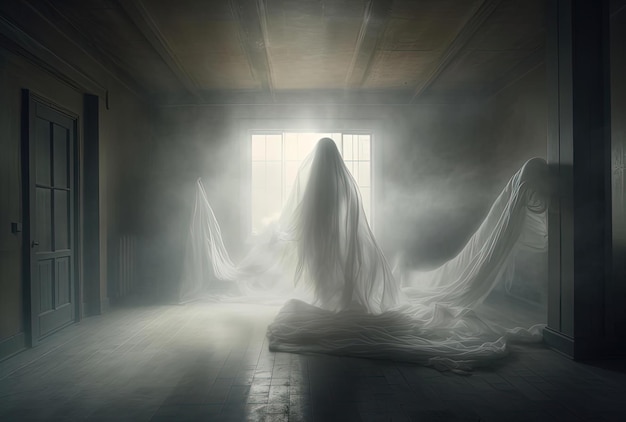 a ghost is standing in a dark room in the style of soft mist