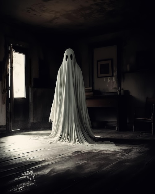 A ghost is standing in a dark room with a window in the background.