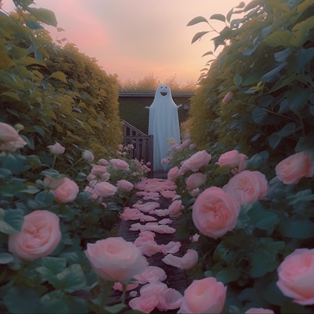 Premium AI Image | A ghost is standing in a garden with pink roses.