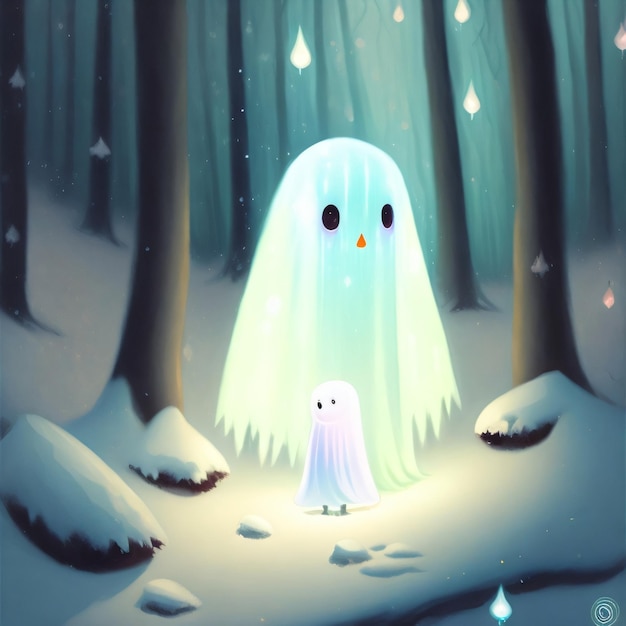 A ghost and a little bird are standing in the snow.