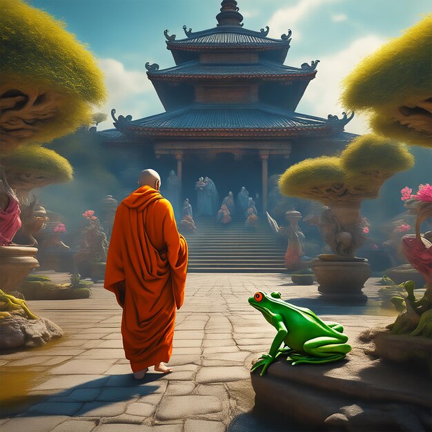 Photo ghost man eating a frogs back ground the monks is runnig