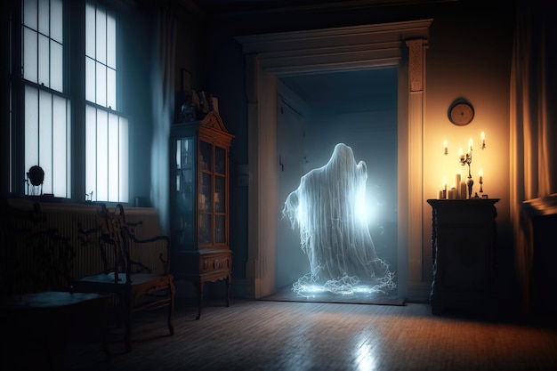 幽霊のオルターガイストが家の周りを飛び回り、死者の夜に輝く白い幽霊が壁を通り抜ける 3 d イラストレーション
