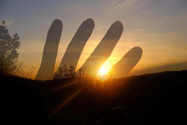Ghost open hand touching summer sunset sun