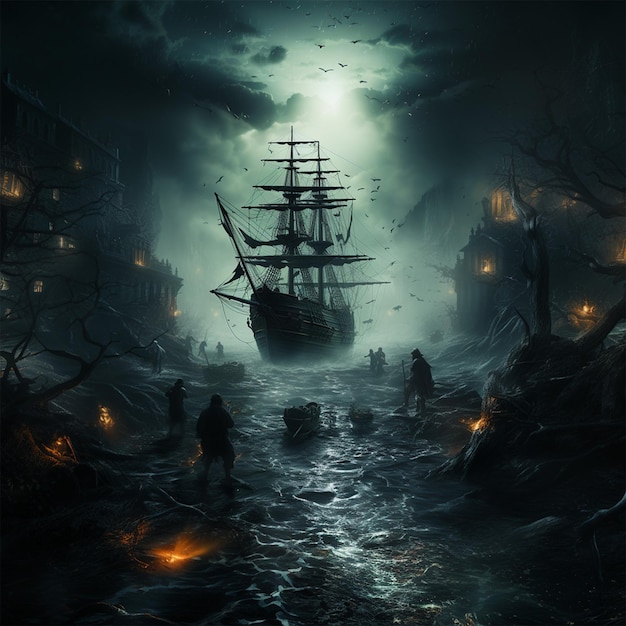 Ghost pirate ship in a creepy town