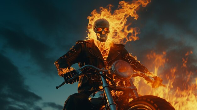 Photo ghost rider pale blue sky skeleton on fire beautiful image ai generated art