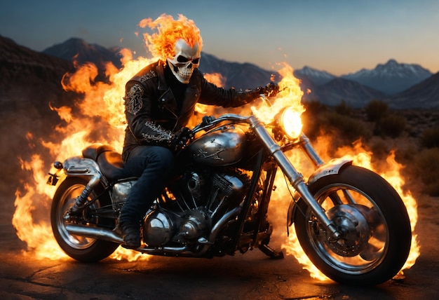 Ghost Rider with flaming motorcycle Generative AI