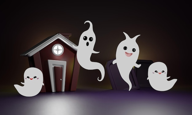 Фото Призрачная тень забавная милая для дизайна персонажей хэллоуина призрачный персонаж костюм злой или персонаж жуткий забавный милый 3d рендеринг изображения