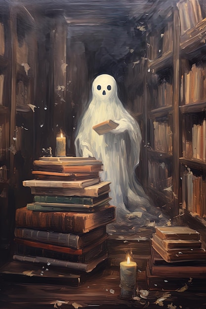 Foto un fantasma si siede tra i libri