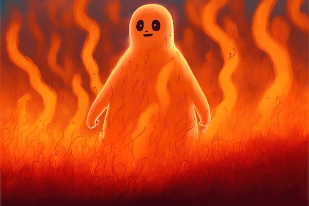 Ghost standing in the field of flames digital art style illustration painting fantasy concept of a ghost in the field