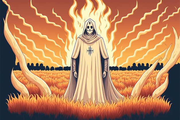 Ghost standing in the field of flames digital art style illustration painting fantasy concept of a ghost in the field