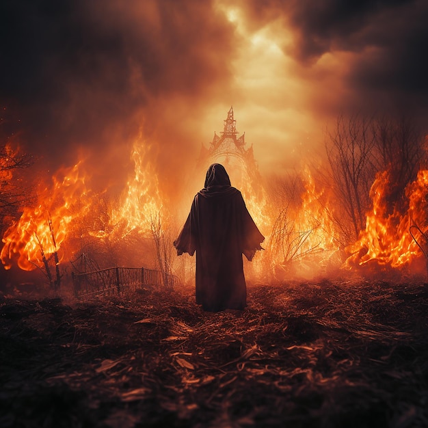 Photo ghost standing in the field of flames