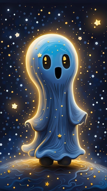 Ghost in starry night cartoon character design concept halloween illustration